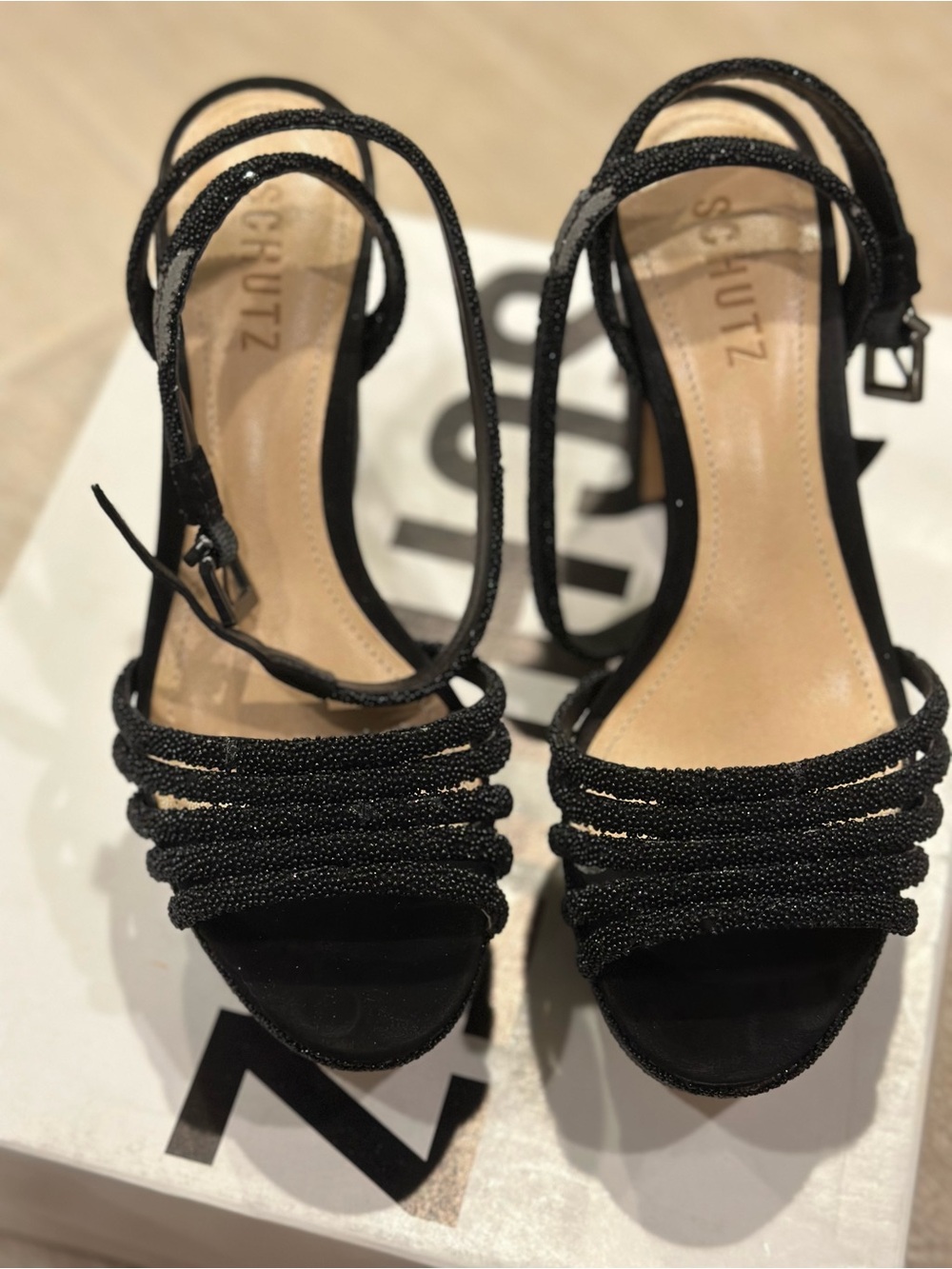 SCHUTZ Black Beaded Strappy Heels
